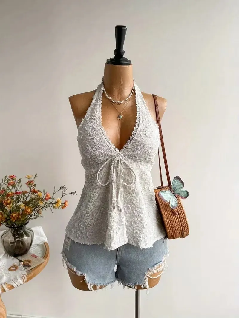 Ladies' Summer V-neck Lace Neck Strap Off Shoulder Leisure Vacation Easter Beach Wear Music Festival Top