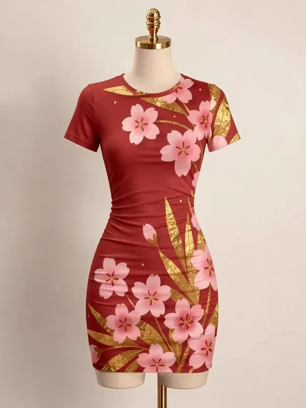 Womens Short Sleeve Bodycon Mini Dress Slim Fit Crew Neck Floral Print Casual Summer Party Cute Sweet Slimming Vacation Sundress — image 3