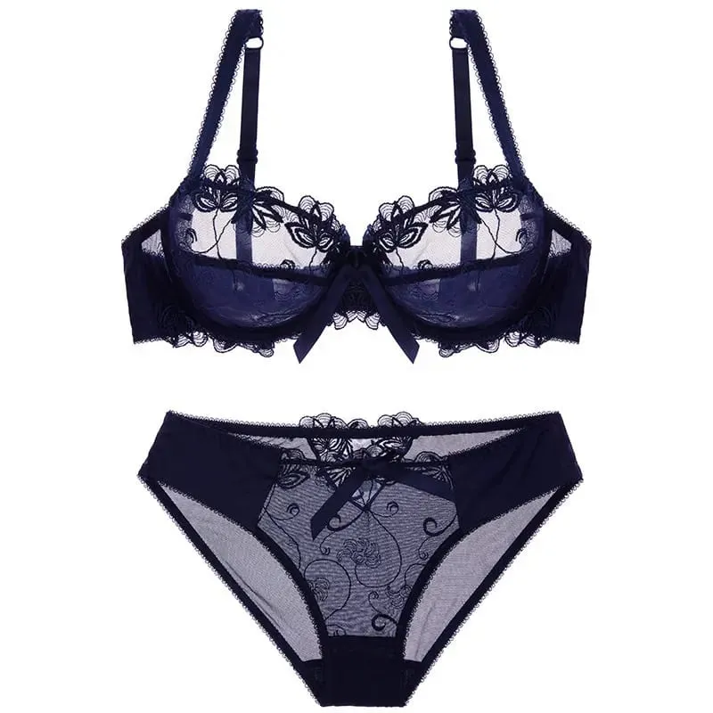 Women Sexy Sheer Mesh Lace Bra Set Thin Minimizer Big Bust Bowknot Pure Desire Lingerie Brassiere Underwear 34‑40 BC — image 8