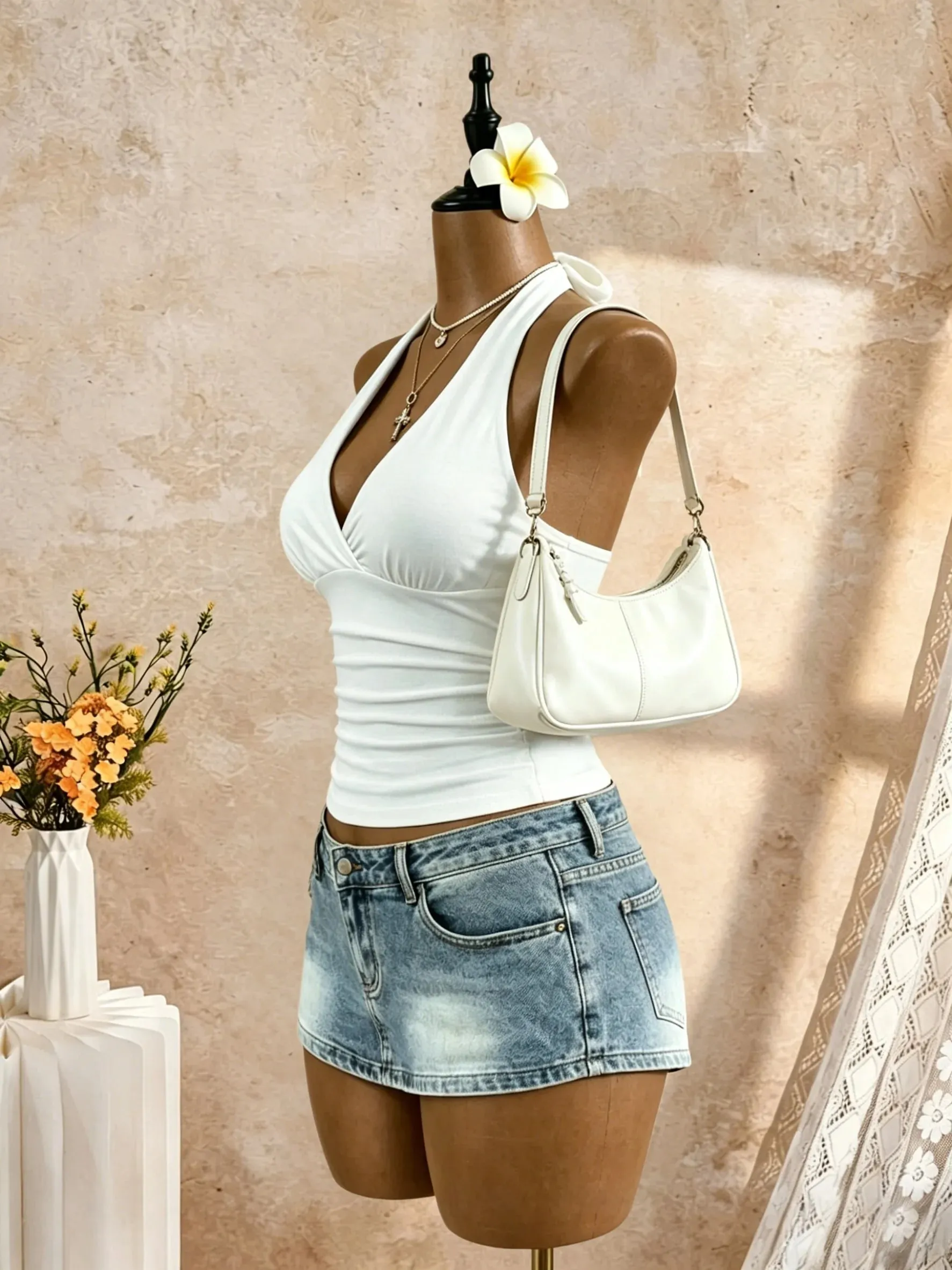 Women Halter Deep V Neck Wrap Front Side Ruched Waist Sleeveless Crop Cami Top Solid White Slim Fit Summer Beach Vacation Casual