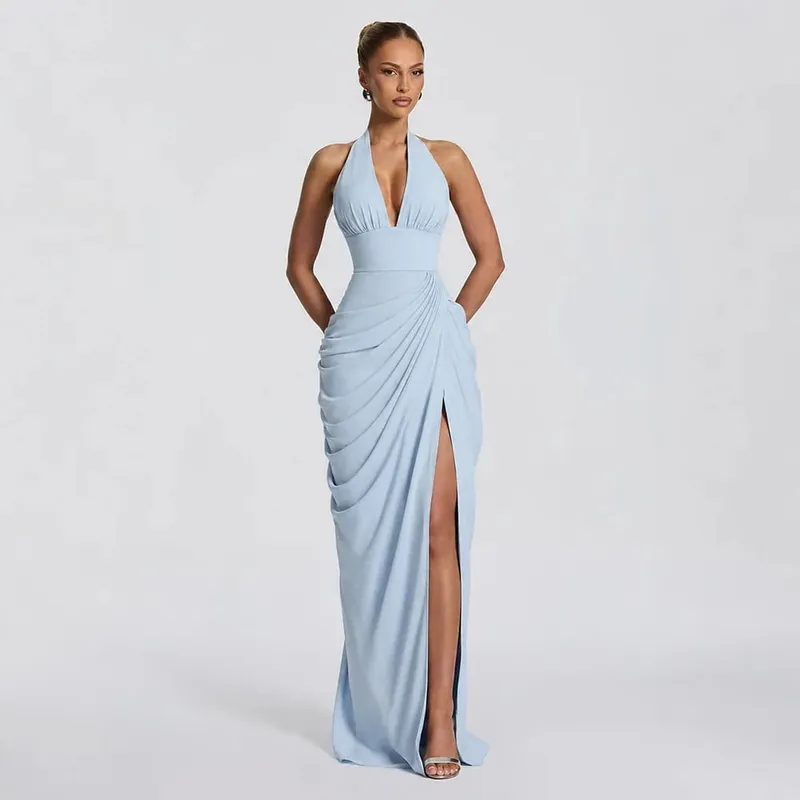 Sexy Solid Pleated Halter Women's Dress Fashion Sleeveless Backless Waist-cinching Split Maxi Dresses 2026 Summer Party Gowns — image 10