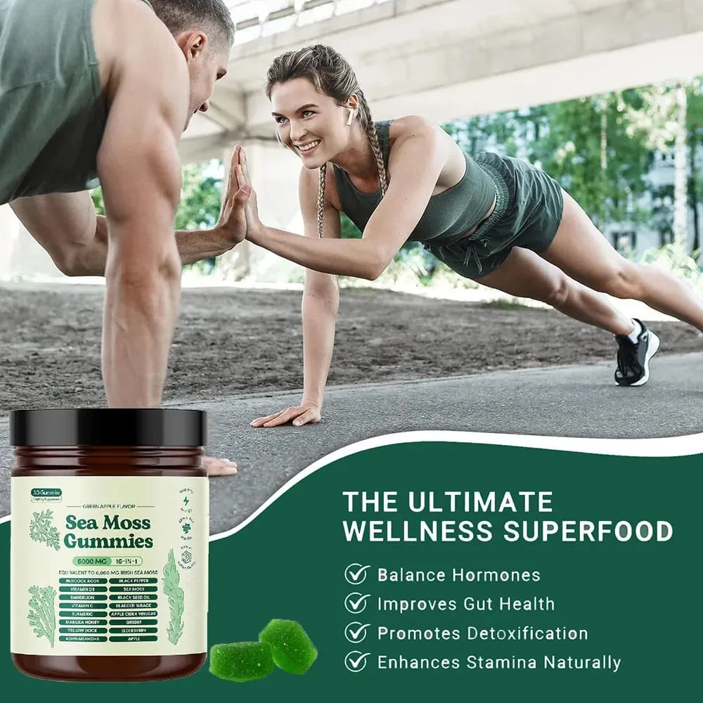 Sea Moss Gummies 16 in 1 6000mg Black SeedOil Ashwagandha Burdockroot - Vegan Sea Moss Gummy for Adults Kids Men Women