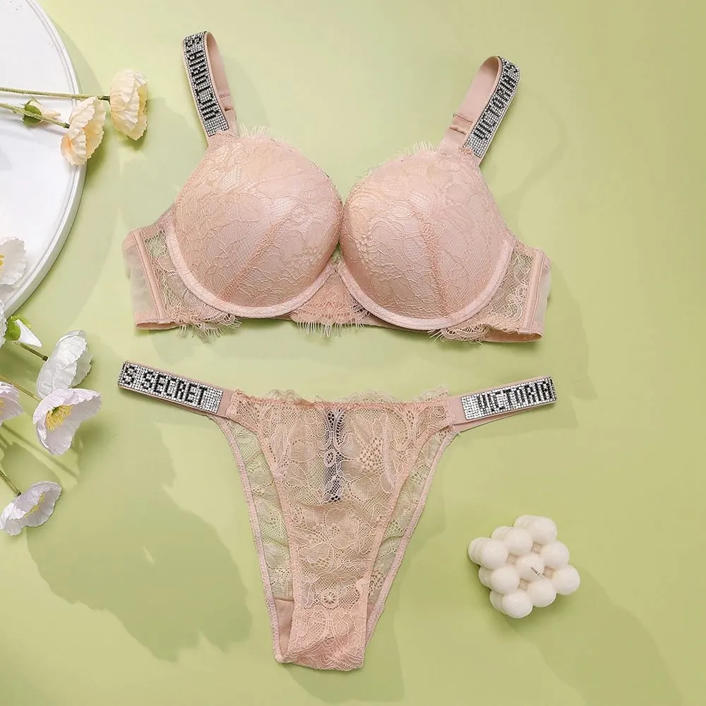 Victoria Secret Sexy Lingerie Set Very Sexy Eyelash Lace Fringe Trim Push Up Bra Shine Script Thong Panty Women