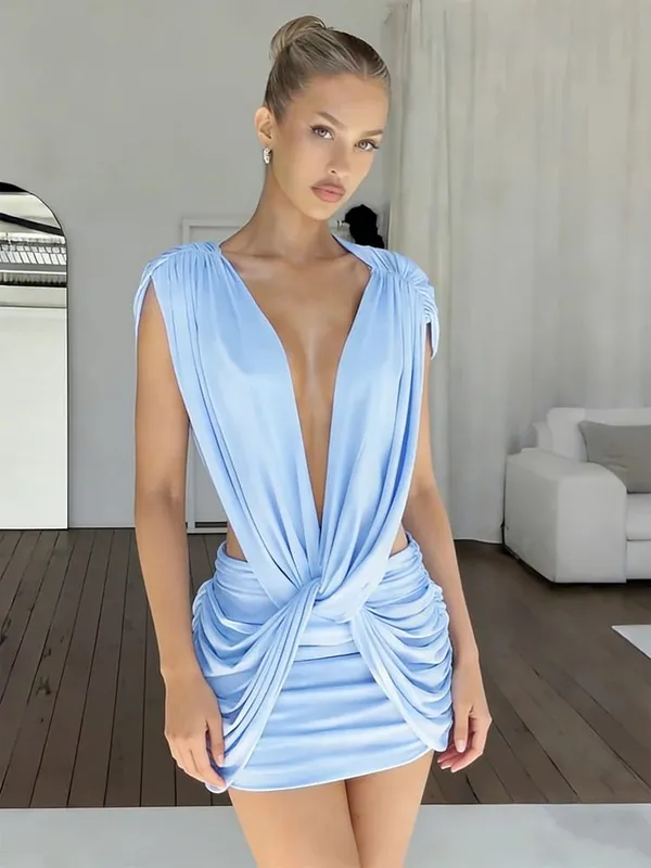 Chic Sleeveless Pleated Slim Mini Dress Women Sexy Solid Backless Hollow Out Round Collar Dresses Lady Evening Party Vestidos — image 13