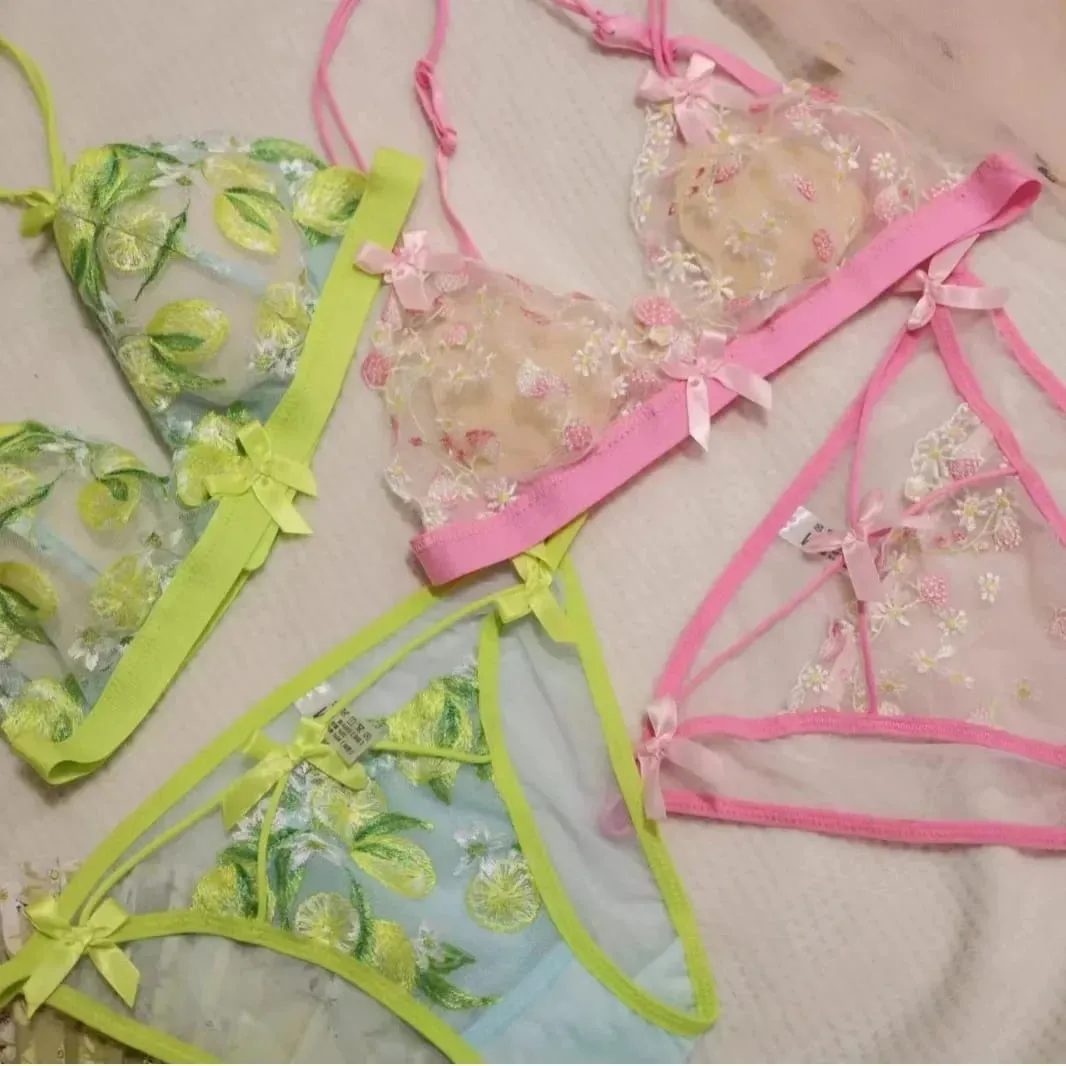 Conjunto de bralette de renda sexy para mulheres copo triangular sem fio lingerie confortável