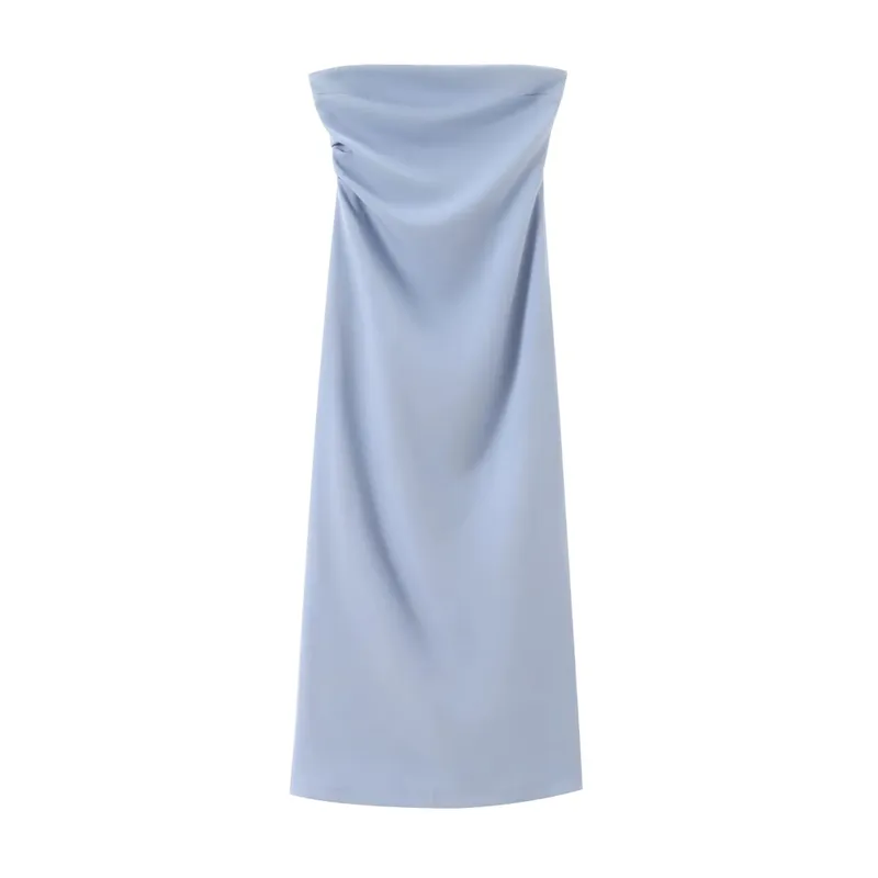 Women Fashion Summer New Sexy Split Back Zip Pleated Sleeveless Strapless Dress Chic Female French Elegant Evening