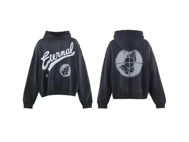 26FW SAINT x Ber B J Co-brand Big Logo Printed Women Men Washed Hooded Sweatshirt Hoodies Vintage Distressed Men Casual Hoodie