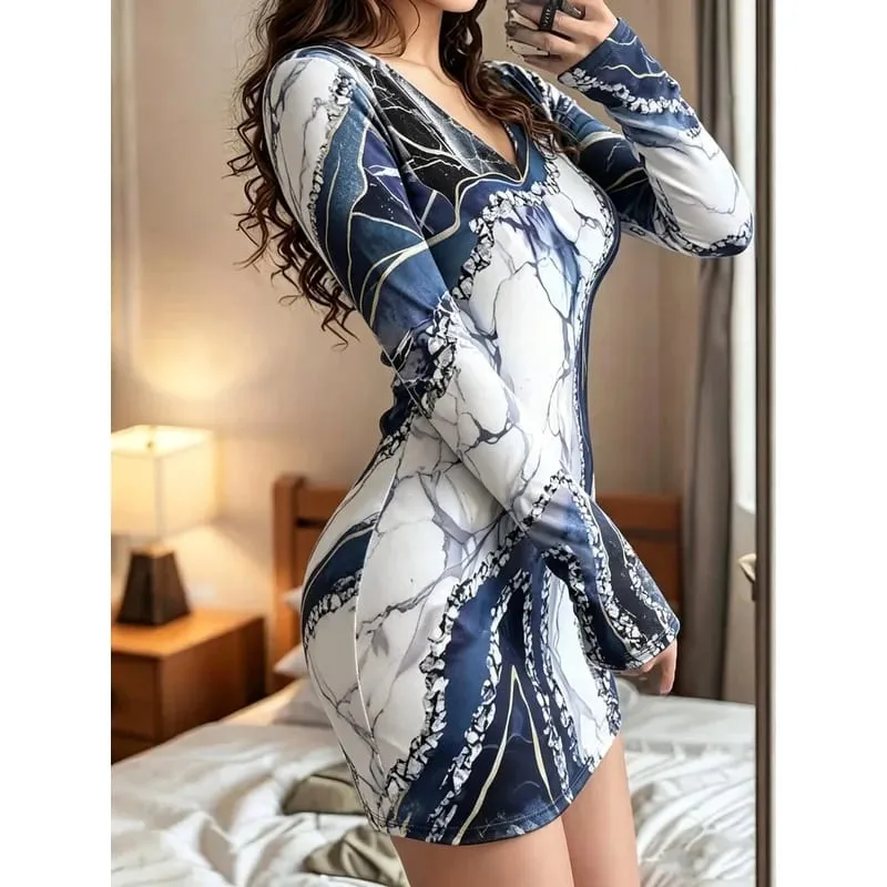 Women's V-Neck Color Block Printed Long Sleeve Dress Autumn Casual Fashion Mini Skirt Waist Bag Hip Fit Length
