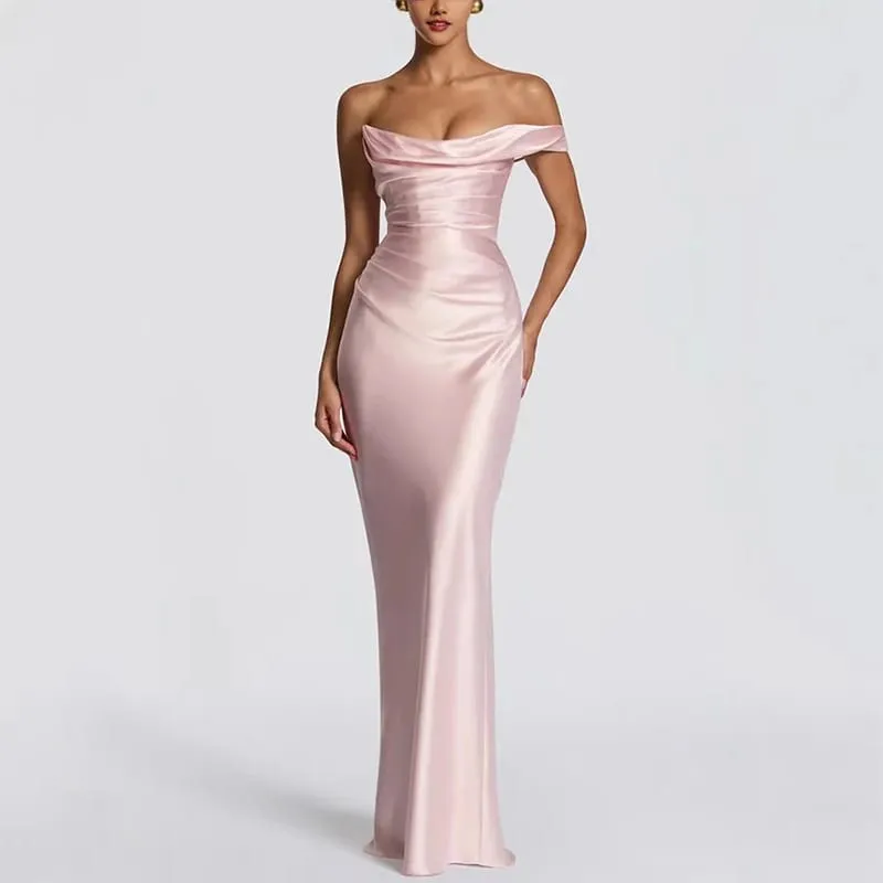Fashion Women's Satin One Shoulder Long Dress Bandage Pleated Backless Sleeveless Dresses 2026 Summer Lady Party Evening Robes