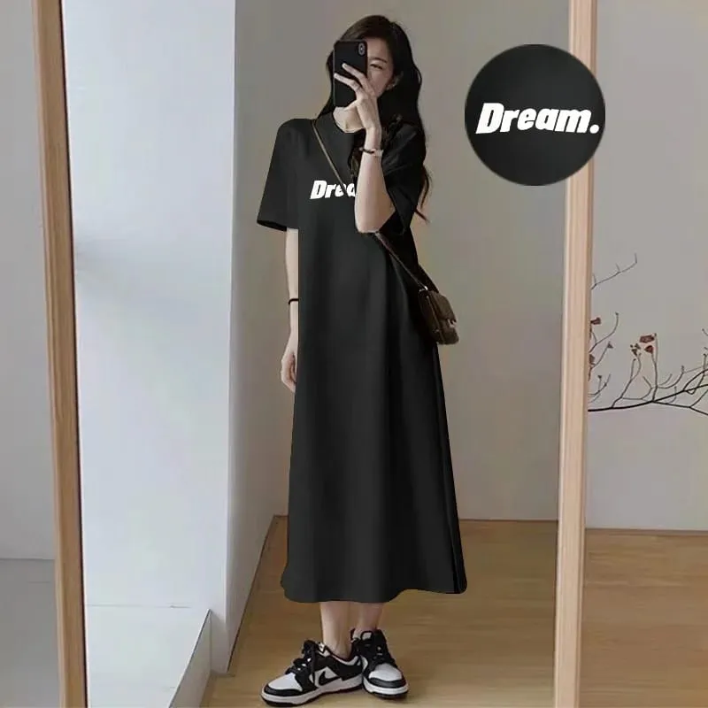 Oversized Dream Letter Print Maxi Tshirt Dress Women Short Sleeve Loose Casual Home Long Dress
