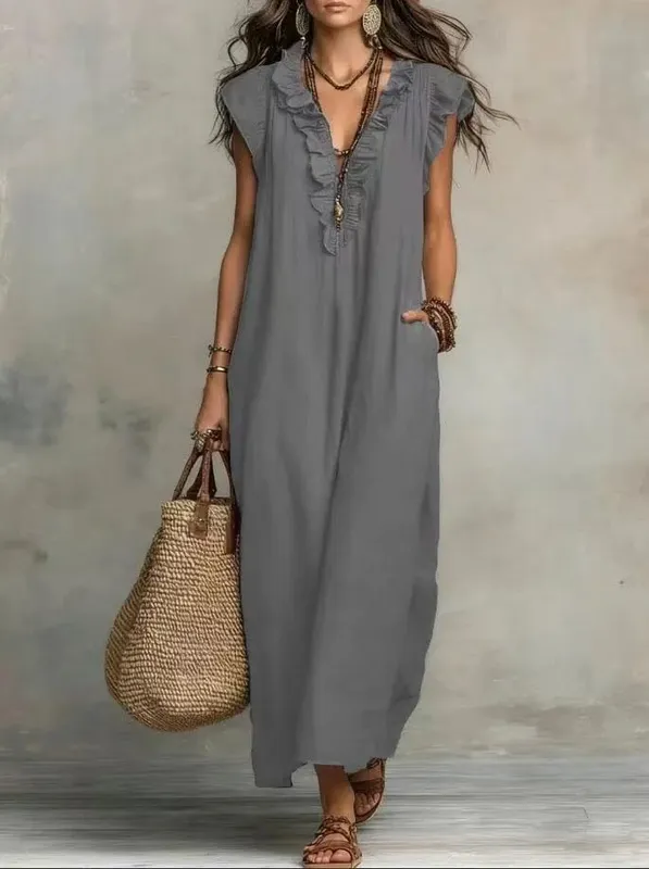 2026 Summer Women Boho Cotton Linen Maxi Dress Solid Color Ruffle V Neck Sleeveless Loose Long Dresses With Pockets Casual Beach — image 12