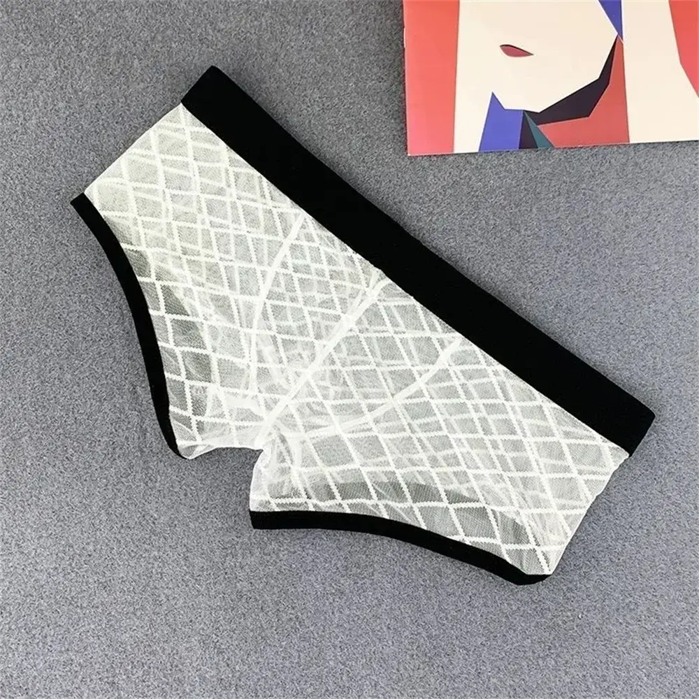 Cueca boxer transparente masculina, bolsa com bojo, transparente, malha xadrez, sexy, cintura baixa, plus size