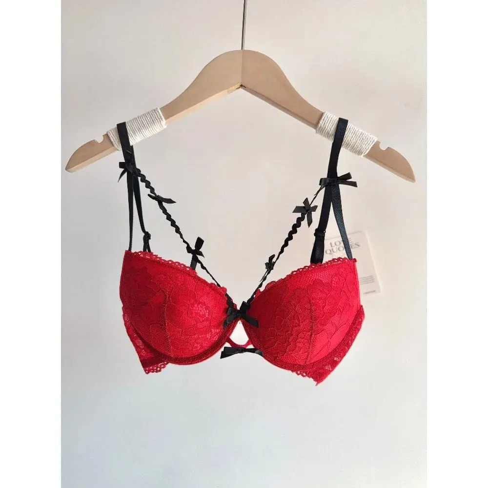 セクシーな Women Party Wedding Red Bow Lace Underwear Lingerie Set Push Up Bra Panty Small Chest Gathered Intimate Suit S-XL A-C CUP