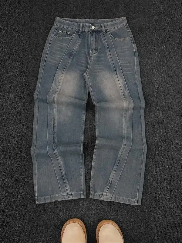 Mens Jeans American Vintage Streetwear Dark Blue Wide Leg Denim Pants Patchwork Contrast Stitch Washed Loose Fit Retro Fashion