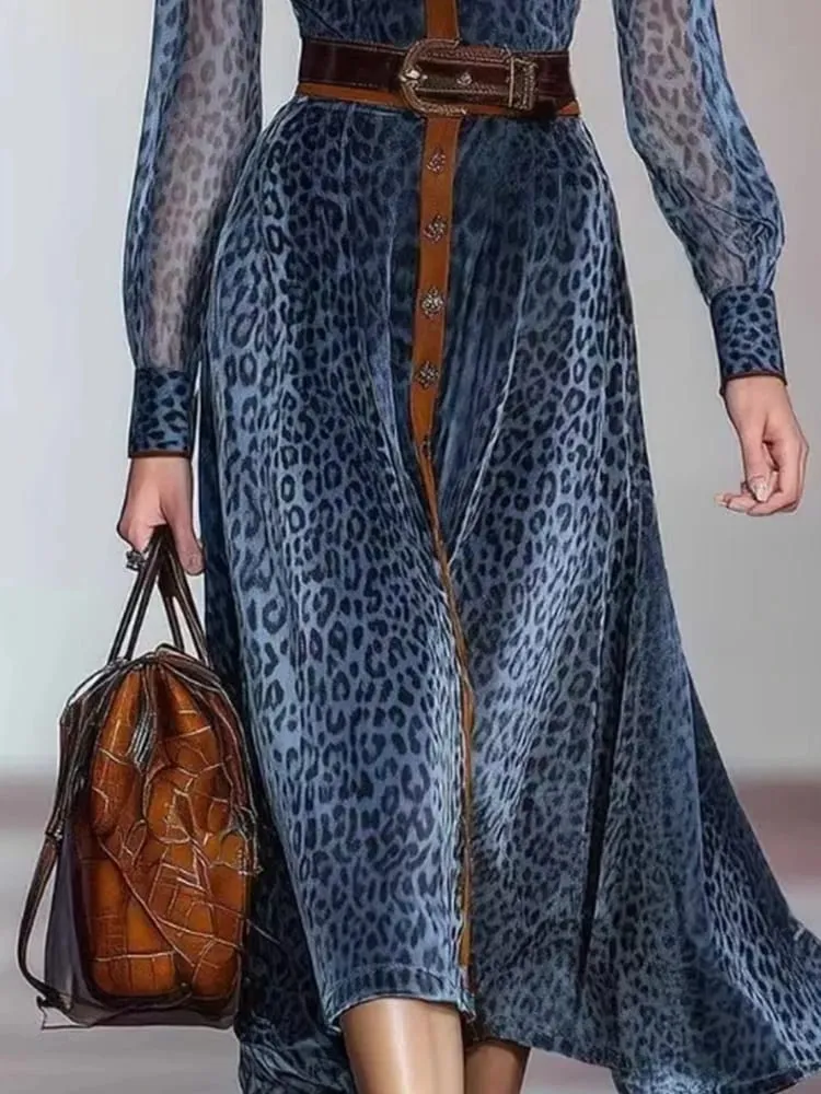 Women Elegant Dress Leopard Printed Mesh Dress Colorblock Lapel Collar Single Breasted Vintage Chic Long Sleeve Dress