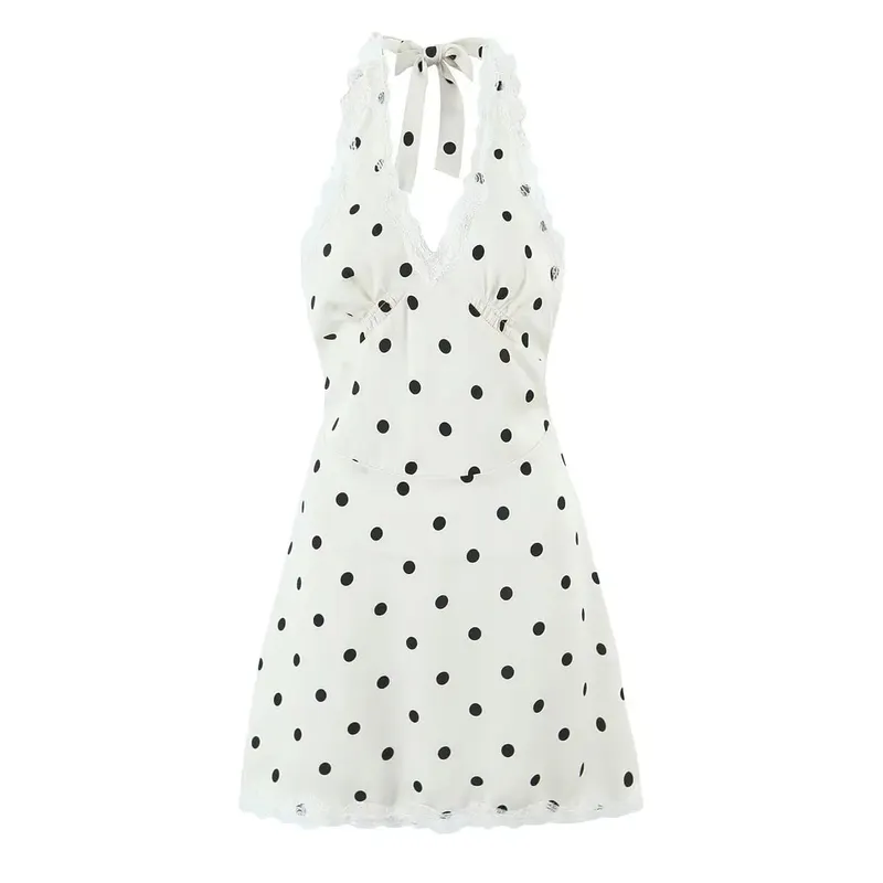 Vestido de encaje empalmado con lunares y cuello Halter para mujer, minivestido Sexy de corte a con espalda descubierta, bata de verano 2025