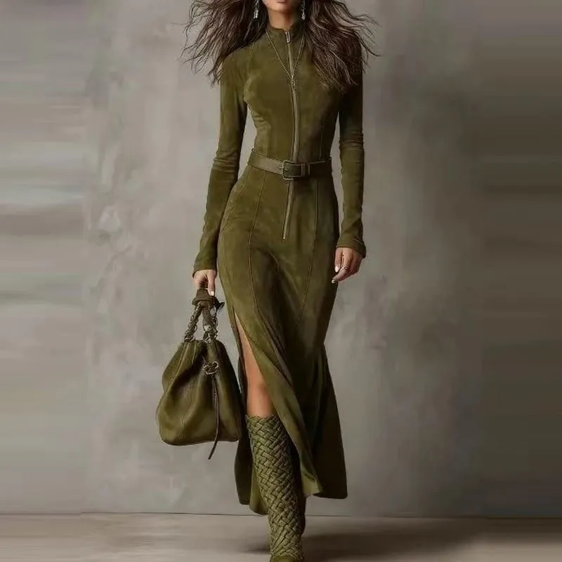 Casual O-neck Long Sleeve Suede Party Dress Elegant Side Split Solid Slim Long Dress Women Fashion With Belt Tie-Up Maxi Dress