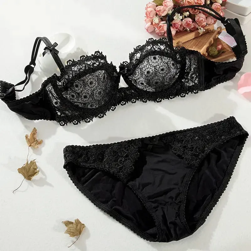 New Arrival Sweet Spicy Lace Lingerie Set Ultra Thin Half Cup Push Up Bra Soft Underwire Anti Sag Comfortable Women Wear — image 3