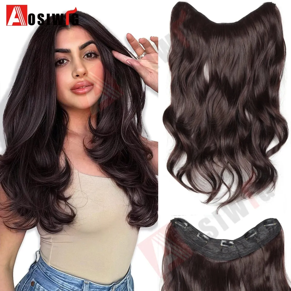 20Inch Synthetic Long Wavy Curly 5 Clip in Hair Extension Fashion Invisible V-shaped Heat Resistant Black Hairpiece for Women