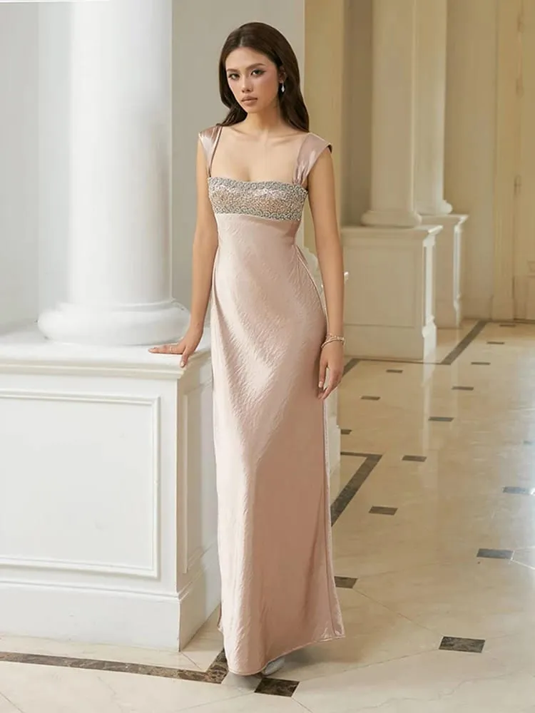 Nibber Elegant Strap Dress Women Low-Neck Patchwork Classic Evening Sexy Stain Valentine's Day Dating Slim Coquette Long Bodycon