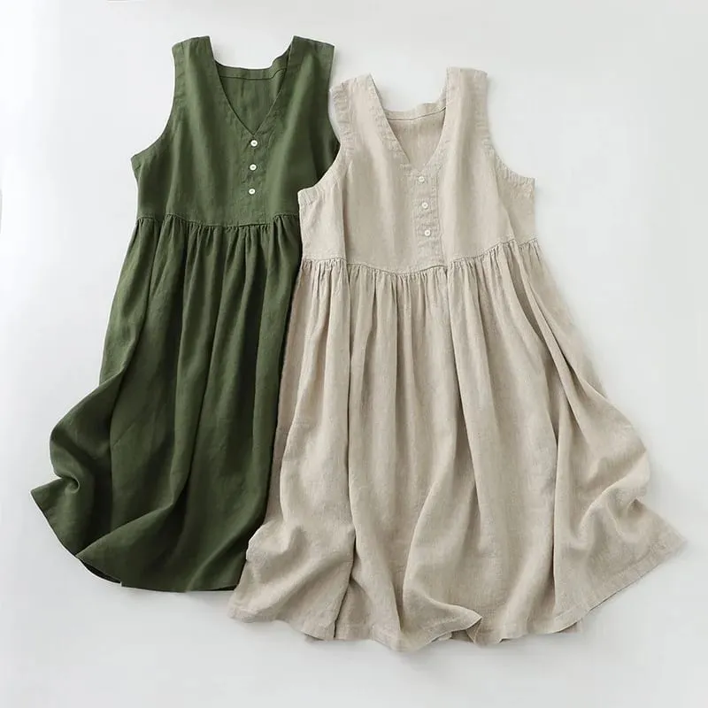 2026 Women's Cotton Linen Sleeveless Dress Casual Button Down Loose Midi Dresses for Summer Women's Casual Dresses Y2K Clothes