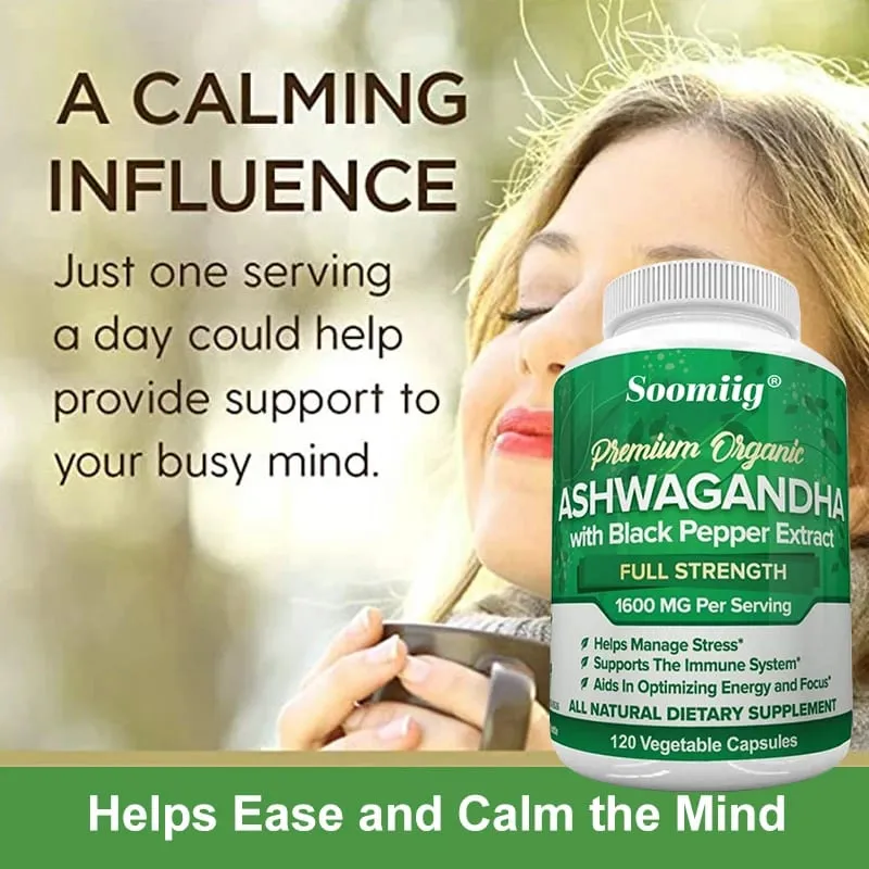 Ashwagandha Root Extract Capsules 1600mg with Black Pepper Stress Relief Brain Clarity Focus Energy & Sleep Health Support