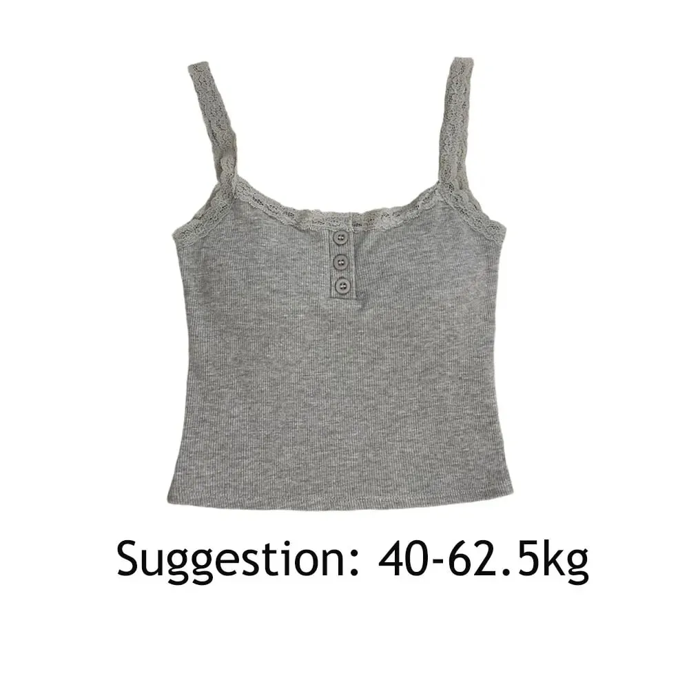 Y2K Lace Trim Spaghetti Strap Cami Top Button?Front Ribbed Knit Slim Fit Sleeveless Crop Camisole Women Casual Basic Tank Top
