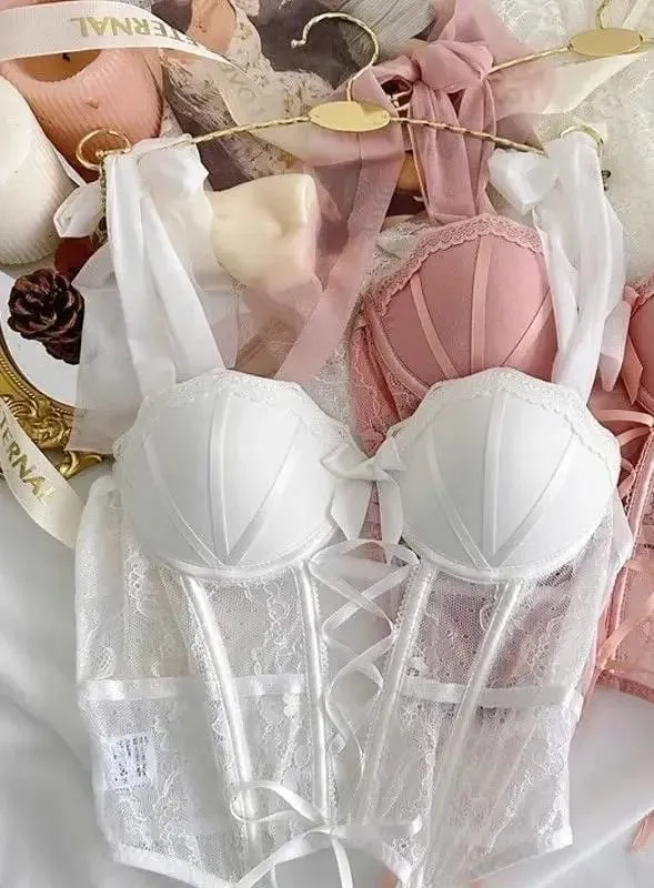Lace Thin X Sexy Fishbone Bra Set with Small Chest Gathered and Anti Sagging Support Comfortable Soft Steel Ring Bra Set