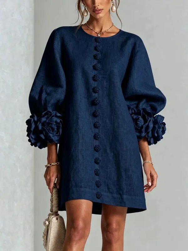 Women Spring Autumn 3D Flower Long Lantern Sleeve Cotton Linen Mini Dress Solid Crew Neck Loose Elegant Daily Wear Short Dress — image 15