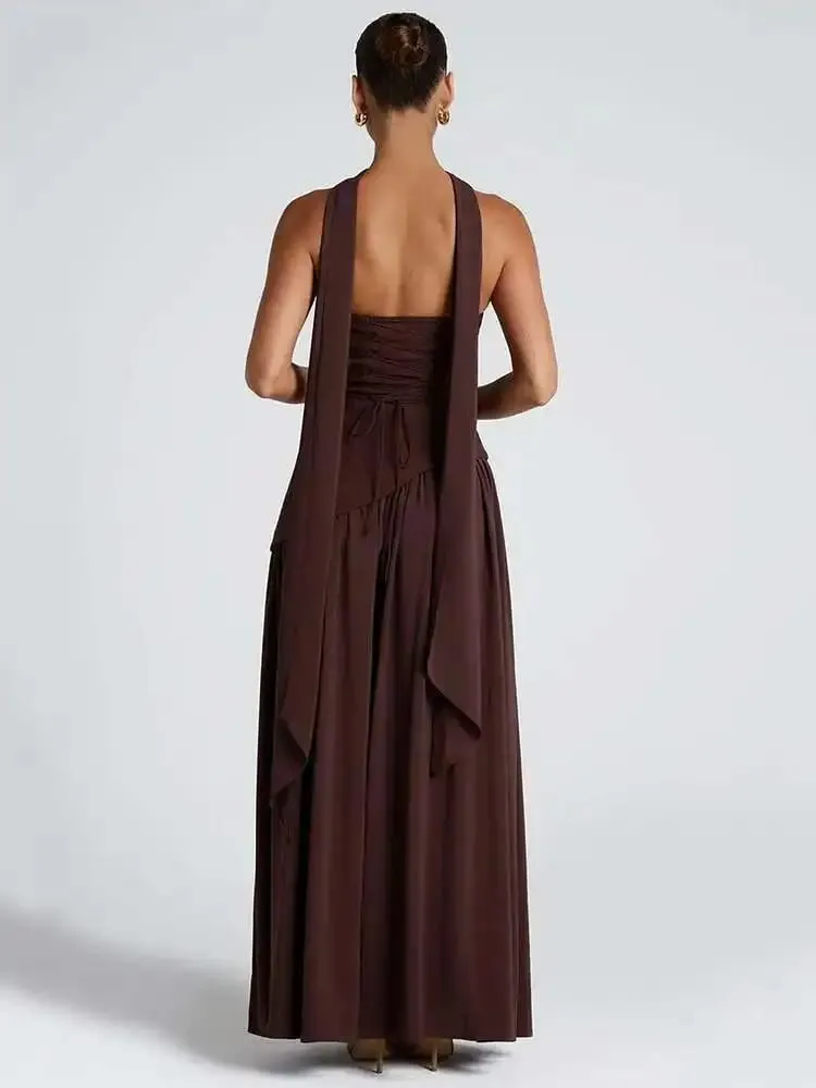 Elegant Off-shoulder Strapless Sexy Summer Party Women Gown Patchwork Pleat Scarf Neck Holiday Evening High Split Long Dresses