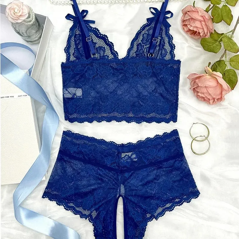Sensual Lingerie Transparent Lace Bra Kits Crotchless Female Underwear Set Dark Blue Hollow Exotic Sets Tempation Intimate Goods