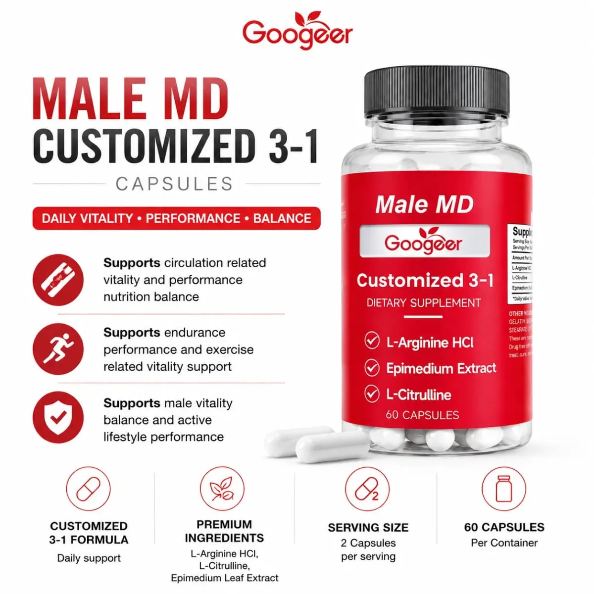 Googeer Male MD Capsules with L-Arginine HCl L-Citrulline and Epimedium Leaf Extract Circulation Vitality Support 60 Count
