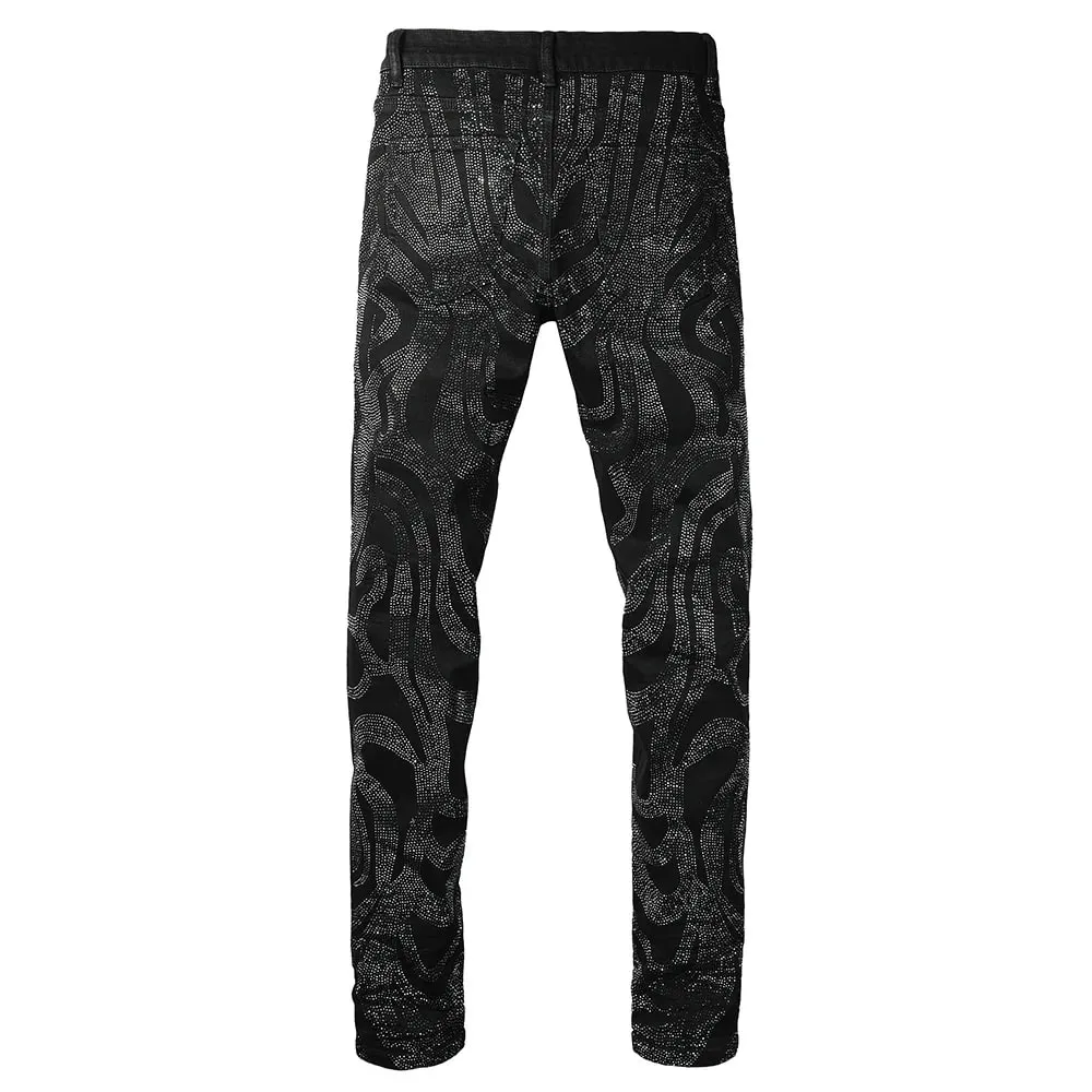 Men Crystal Denim Jeans High Quality Rhinestone Stretch Pants Streetwear Black Skinny Tapered Trousers — image 2