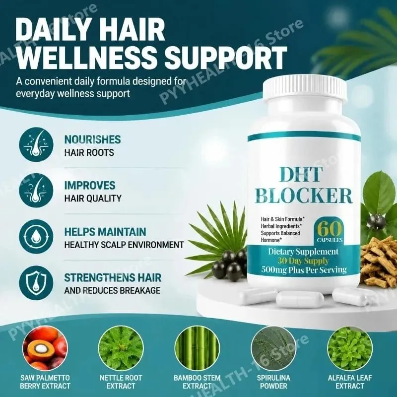 DHT Blocker Capsules with Biotin 5000mcg Vitamin C D E B6 & Zinc for Healthy Hair and Skin Support Gluten-Free 60 Count