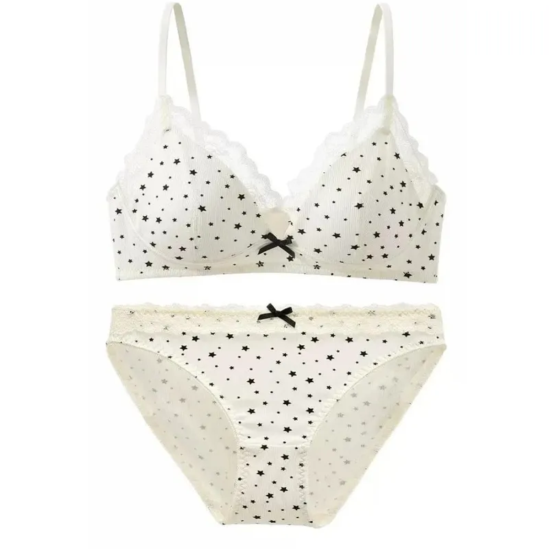 Women No Underwire Bra Set Soft Support Push‑Up For Small Bust Prevent Sagging & Side Spread Sweet Girly Style Lingerie 32‑38