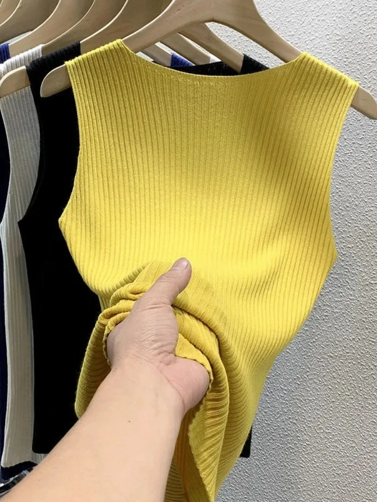 Ice Silk Knit Cami Top Women V Neck Sleeveless Slim Fit Elegant Tank Top Summer Outerwear Blazer Inner Layering Fashion Vest