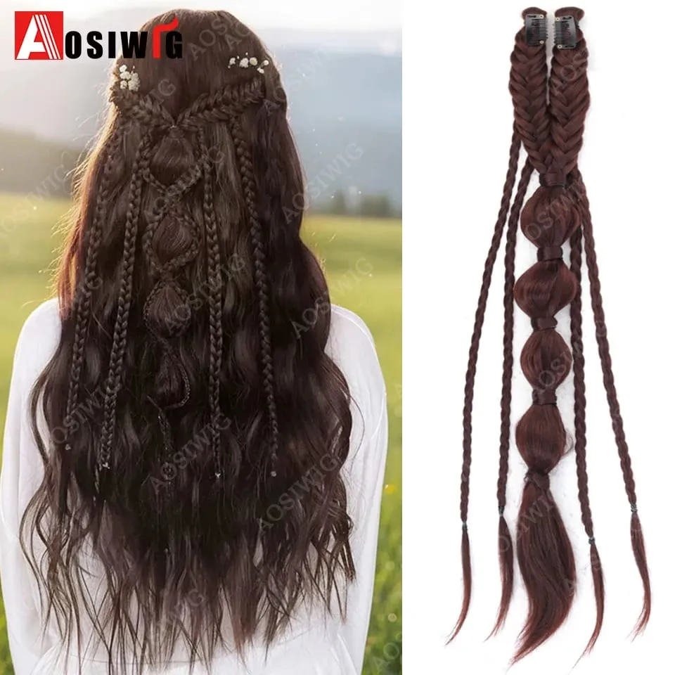 Elf Style Half Head Braided Hair Extensions Synthetic Clip In Braids Hairpiece Natural Black Dark Brown Fake Hair for Women Dail