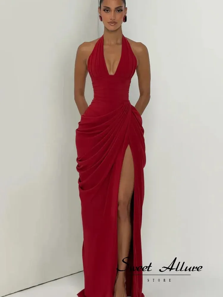 ผู้หญิงแฟชั่นจีบHalterชุดเอวCinchingแขนกุดBacklessแยกชุดMaxi 2026 เซ็กซี่ฤดูร้อนLady Party Gowns