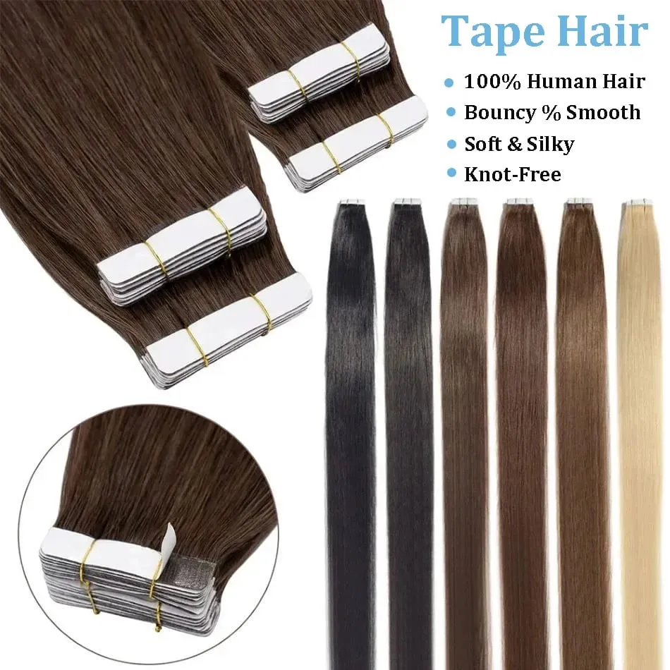 Natural Color Tape In Hair Extensions Human Hair Silk Straight Seamless Invisible Tape 20Pcs for Women Salon High Quality