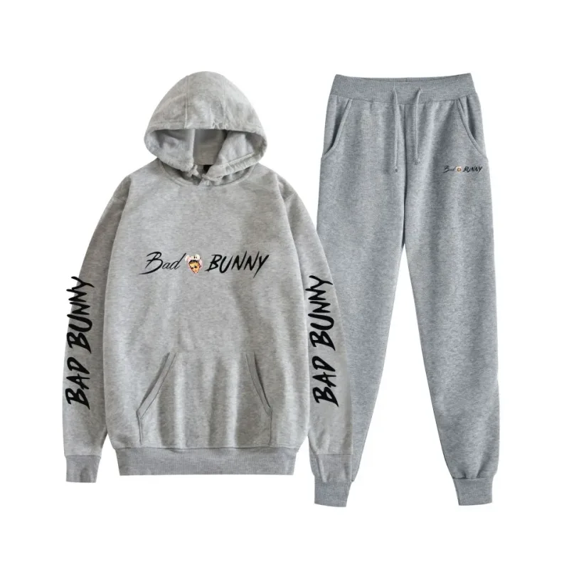 Harajuku Comfortable bad bunny Print Sweatshirt Sweatpants Suit Women's Hoodies+ Trousers Suit Boys/Girls 2 Piece Set Clothes