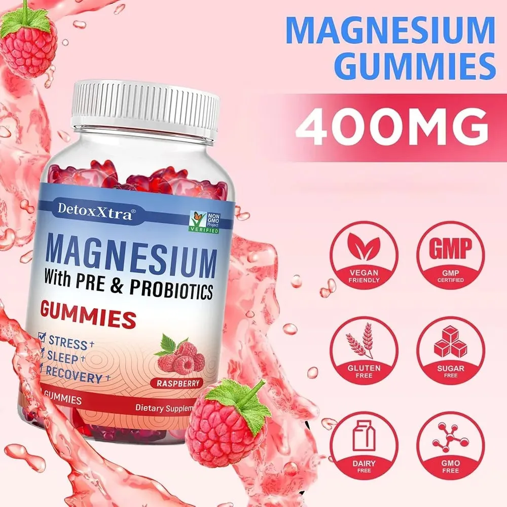 Magnesium Citrate Supplement Gummies with Prebiotics & Probiotics for Stress Sleep & Recovery - Vegan Gluten Free Non-GMO