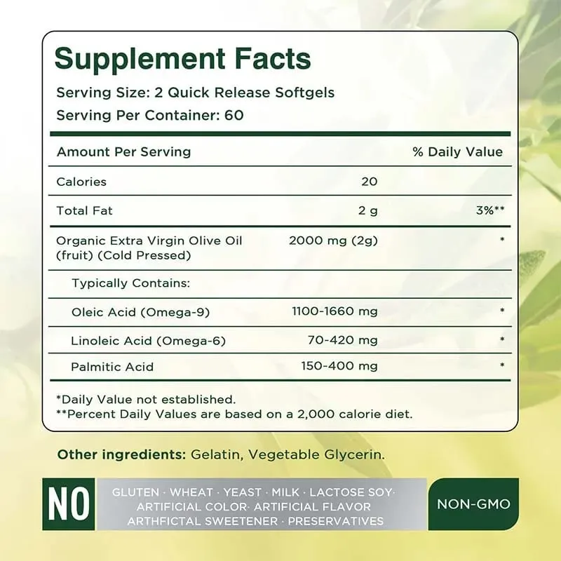 Olive Oil Supplement - Supports Brain Skin and Heart Health Antioxidant Reduces Wrinkles Promotes Cell Repair Boost Vitality