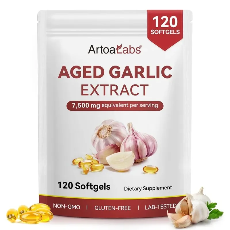 Aged Garlic Extract Softgels 7500 มก. เทียบเท่าต่อการไหลเวียนและการทำงานของหัวใจ สารต้านอนุมูลอิสระและภูมิคุ้มกัน 120Ct