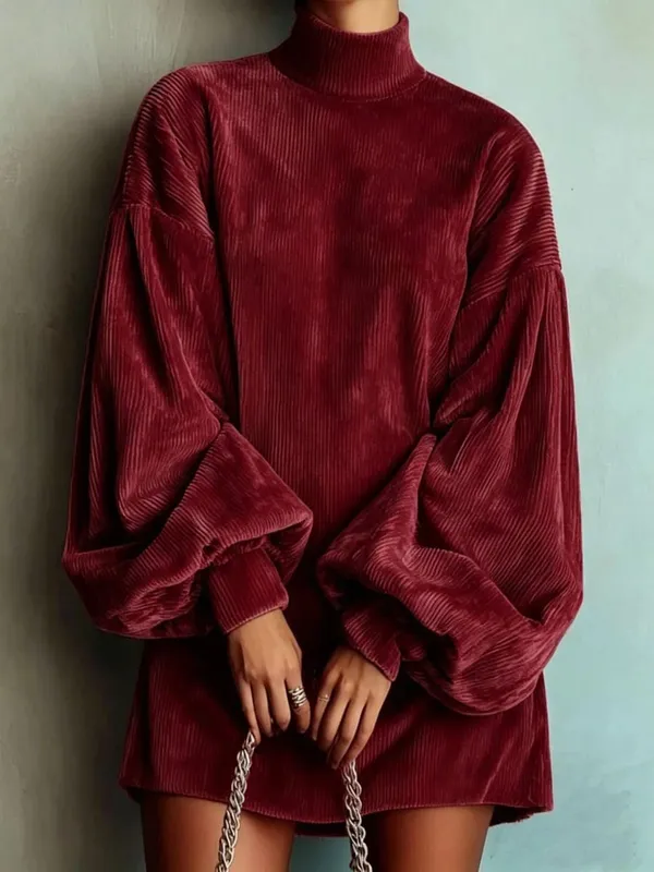 Women Corduroy Turtleneck Mini Dress Oversized Elegant Loose Lantern Sleeve Casual Dresses Autumn Winter Streetwear Short Dress