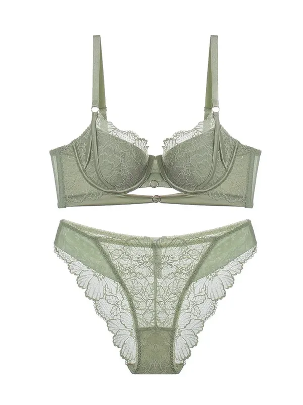Sexy hollow lace bra set with steel ring thin large breasts show small underwear girls push up ladies lingerie panty