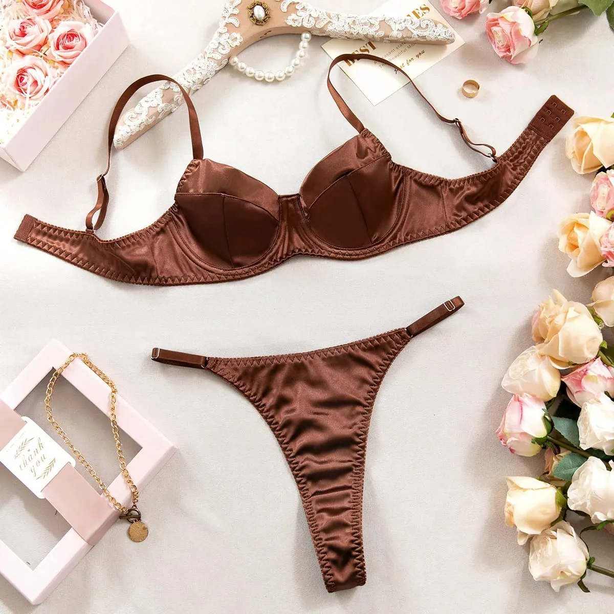 Women Underwear 2 Pcs Sexy Bra Set Underwire Push Up Satin Patchwork Bras and Thongs Suits Attractive Bilizna Intimate Set