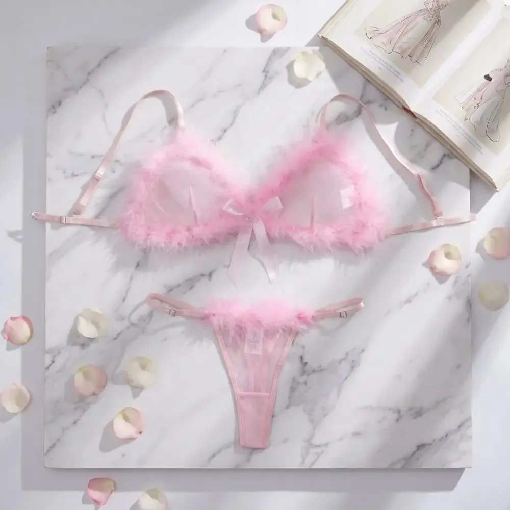 New Year Furry Women's Underwear Wireless Mesh Transparent Lingerie Set Bow Decor Romantic Intimate Bra Panties Suit Home — image 4