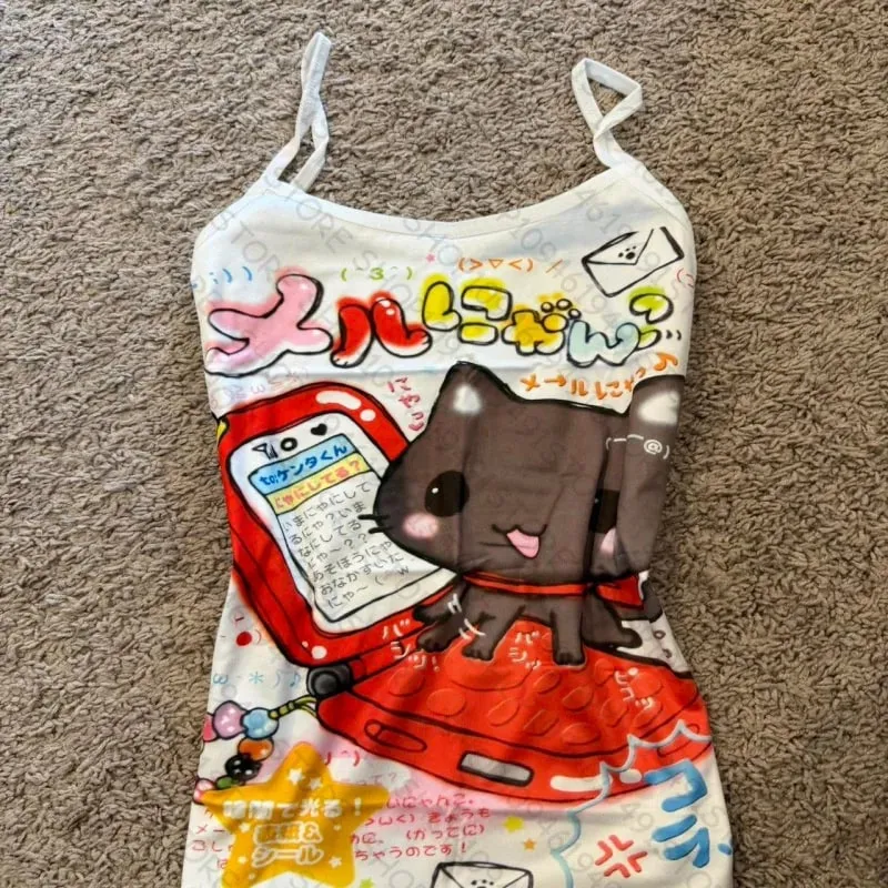 Y2K Manga Graphic Print Tank Top Women Summer Spaghetti Strap Cami Aesthetic Slim Fit Harajuku Streetwear Vest Tee