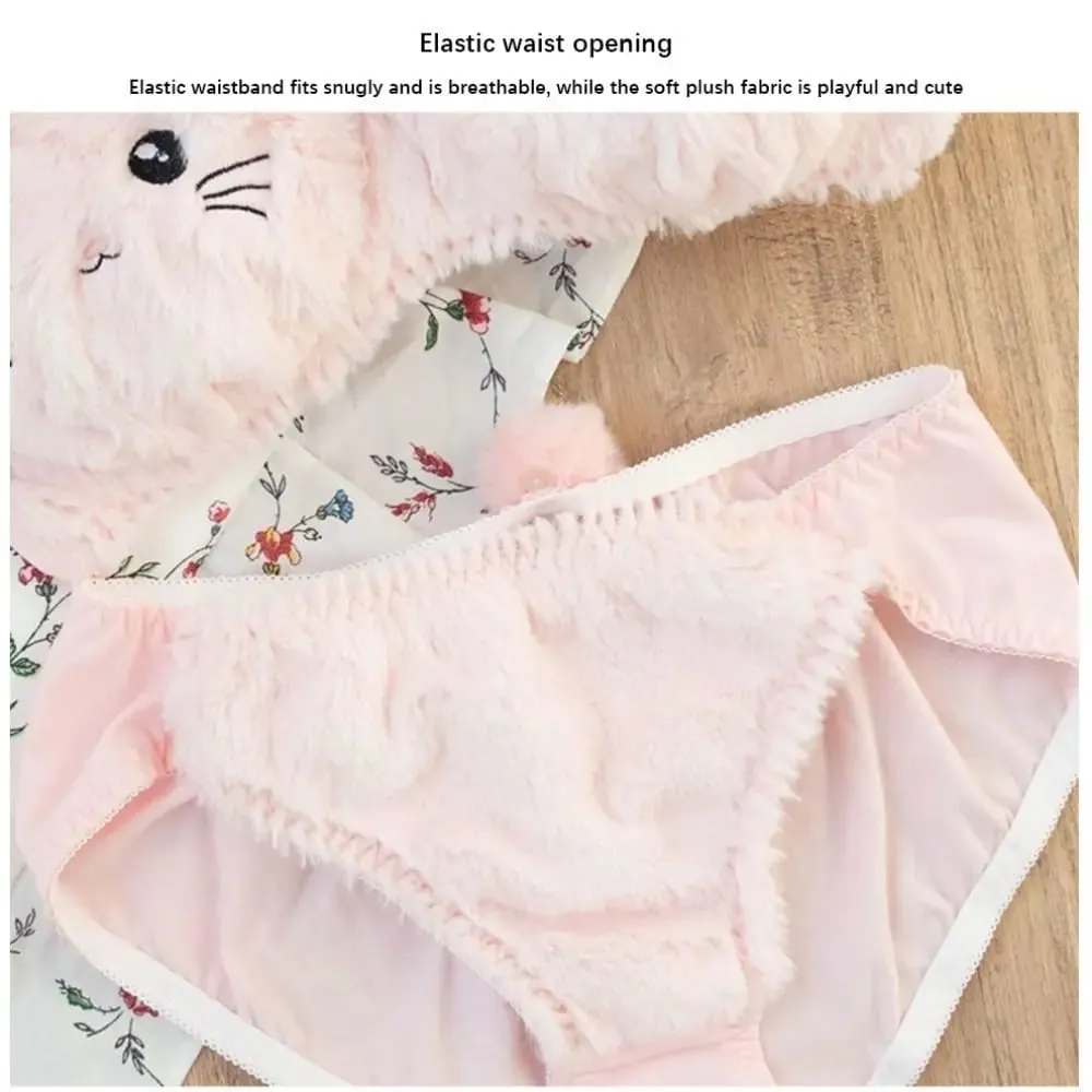 Cute Women Lingerie Set Wire-Free Cartoon Cat Winter Bra & Brief Sets Soft Girl Warm Underwear Panties Suit Winter
