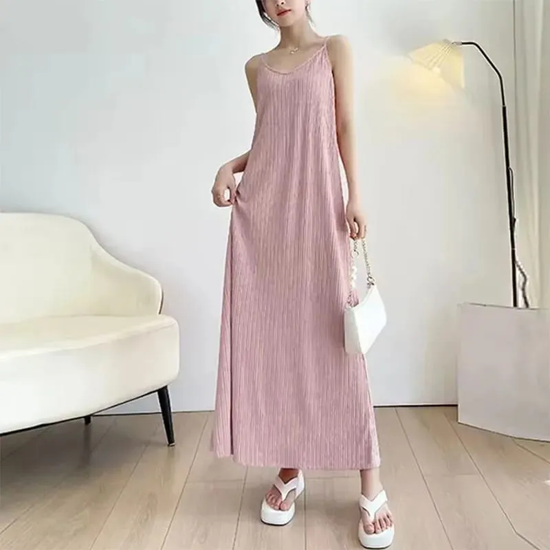 Women Spaghetti Strap Dress 2026 Summer Solid Color Loose Long Beach Sundress Lasy Elegant Sleeveless Evening Party Midi Dresses